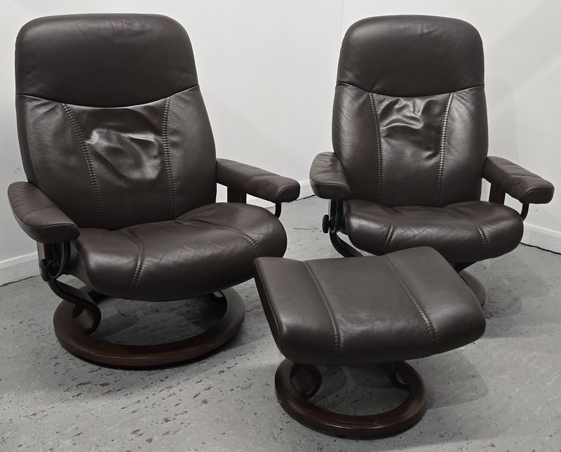 Ekornes Stressless Consul 2 x Leather Recliner Chairs &amp; 1 x Foostool