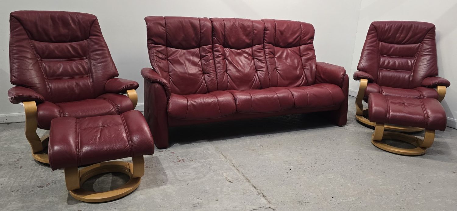 Himolla Leather 3 Seater Recliner Sofa &amp; 2 Recliner Chairs + Stools