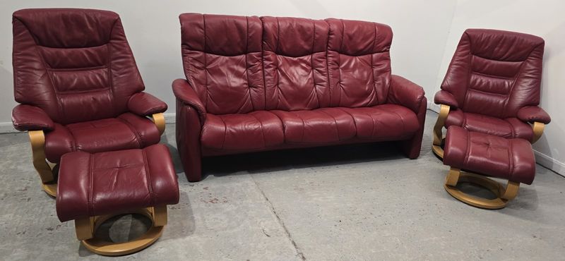 Himolla Leather 3 Seater Recliner Sofa &amp; 2 Recliner Chairs + Stools