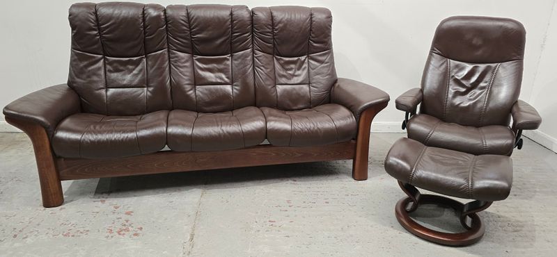 Ekornes Stressless 3 Seater Recliner Leather Sofa + Recliner Chair
