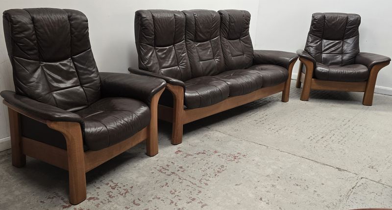 Ekornes Stressless Buckingham 3 Seater Recliner Leather Sofa &amp; 2 Chairs