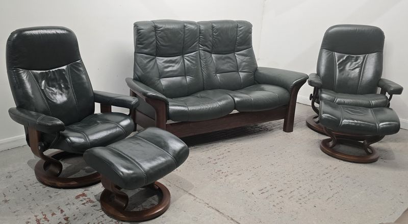 Ekornes Stressless Leather 2 Seater Reclining Sofa &amp; 2 Chairs  &amp; Stools