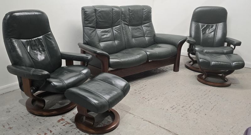 Ekornes Stressless Leather 2 Seater Reclining Sofa &amp; 2 Chairs  &amp; Stools