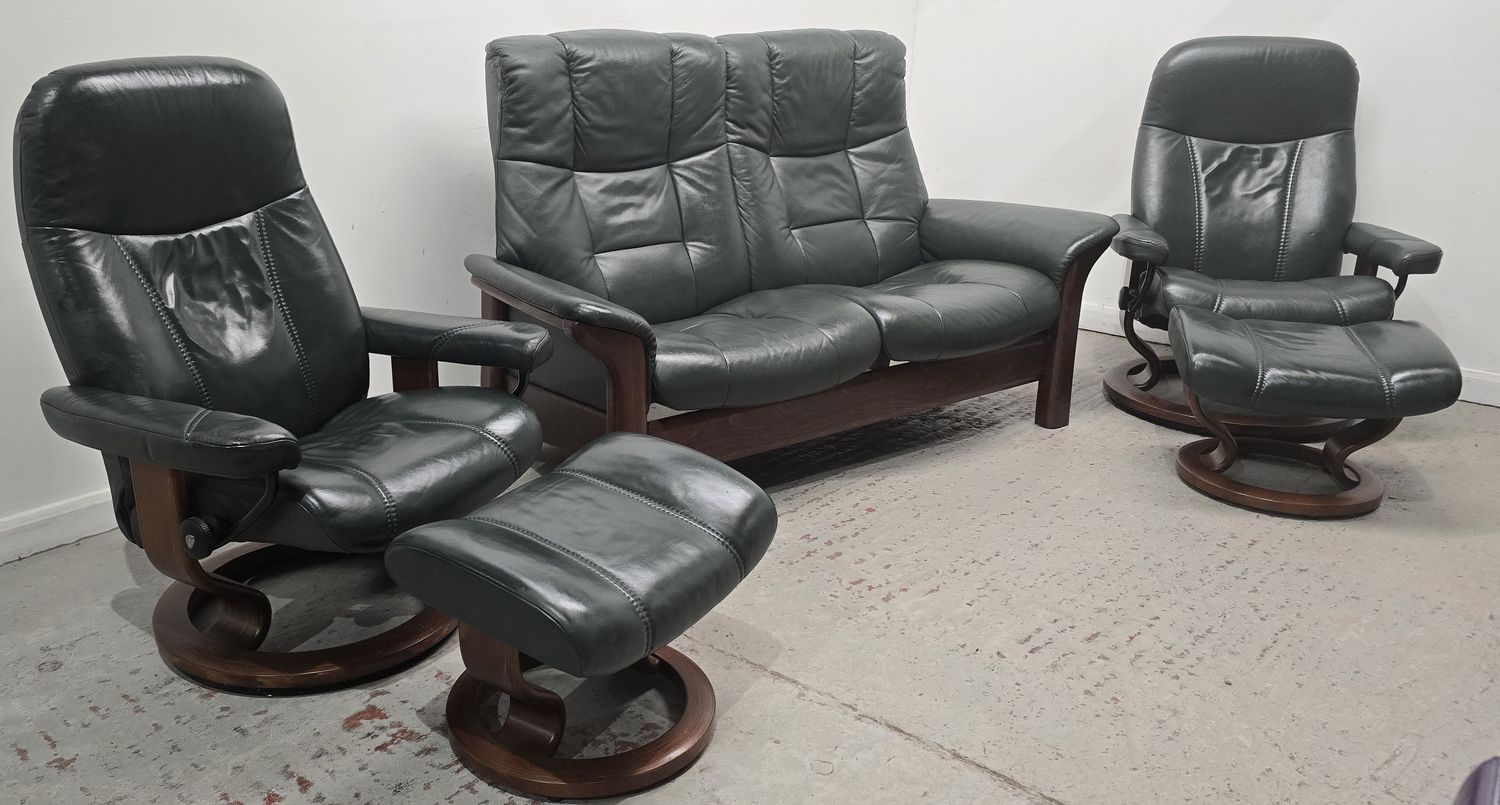Ekornes Stressless Leather 2 Seater Reclining Sofa &amp; 2 Chairs Green