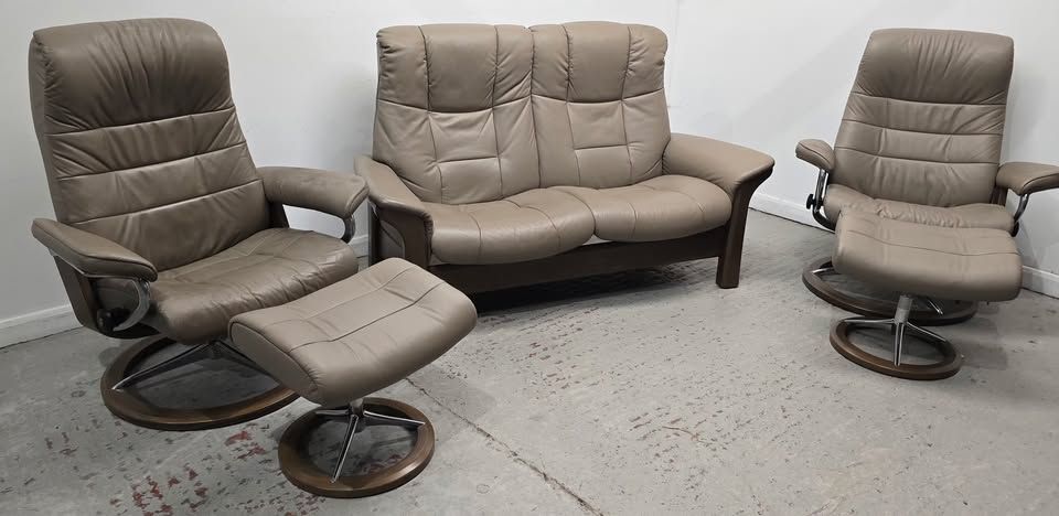 Ekornes Stressless Leather 2 Seater Recliner Sofa +2 Recliner Swivel Chairs Mole