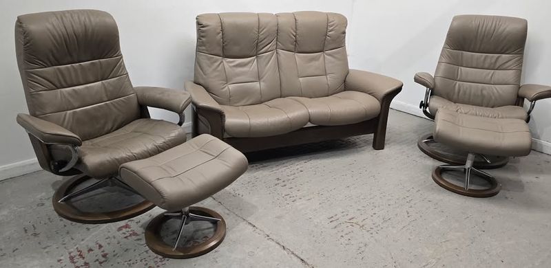Ekornes Stressless Leather 2 Seater Recliner Sofa +2 Recliner Swivel Chairs Mole