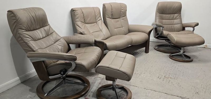 Ekornes Stressless Leather 2 Seater Recliner Sofa +2 Recliner Swivel Chairs Mole
