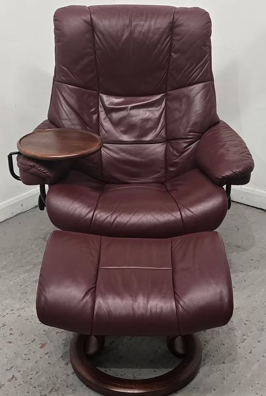 Ekornes Stressless Mayfair Leather Recliner Chair + Footstool + Table Wine Large