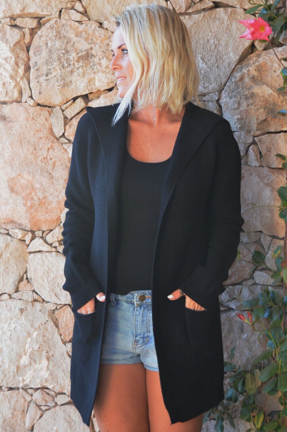 Black ribbed hoodie top