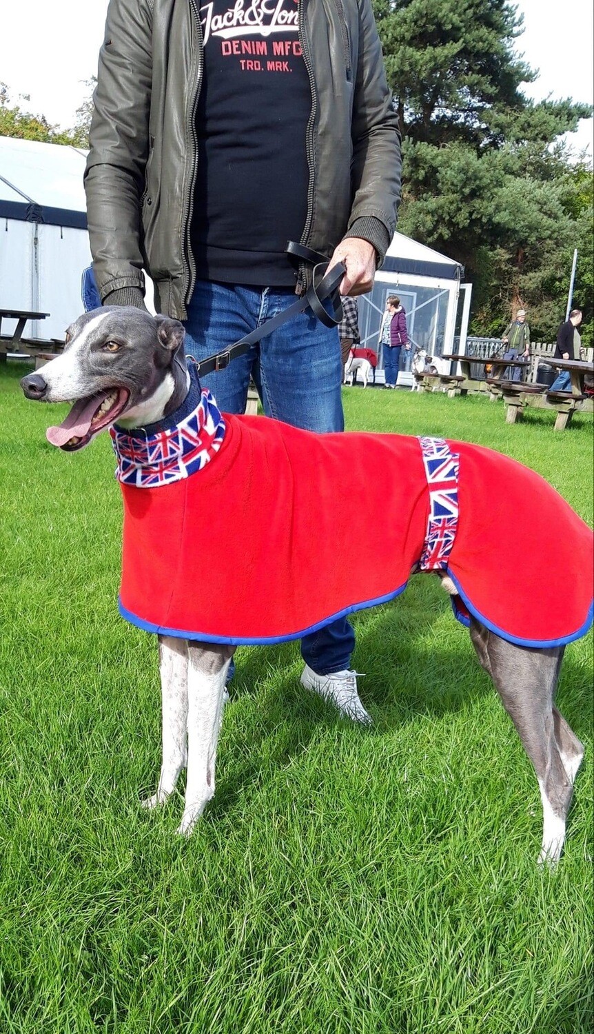 HANDMADE WITH LOVE -  Red Fleece with Union Jack Red White & Blue Fleece Trim - Large Whippet, Lurcher and Greyhound PJ's - Pre Order