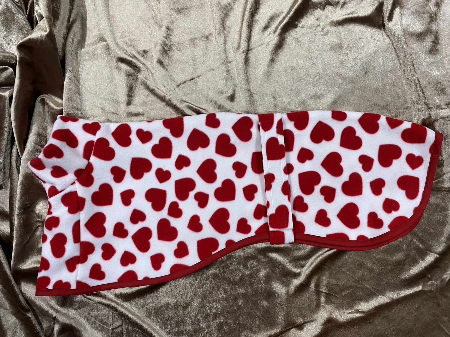 26" Red Hearts on White Fleece with Red contrasting binding