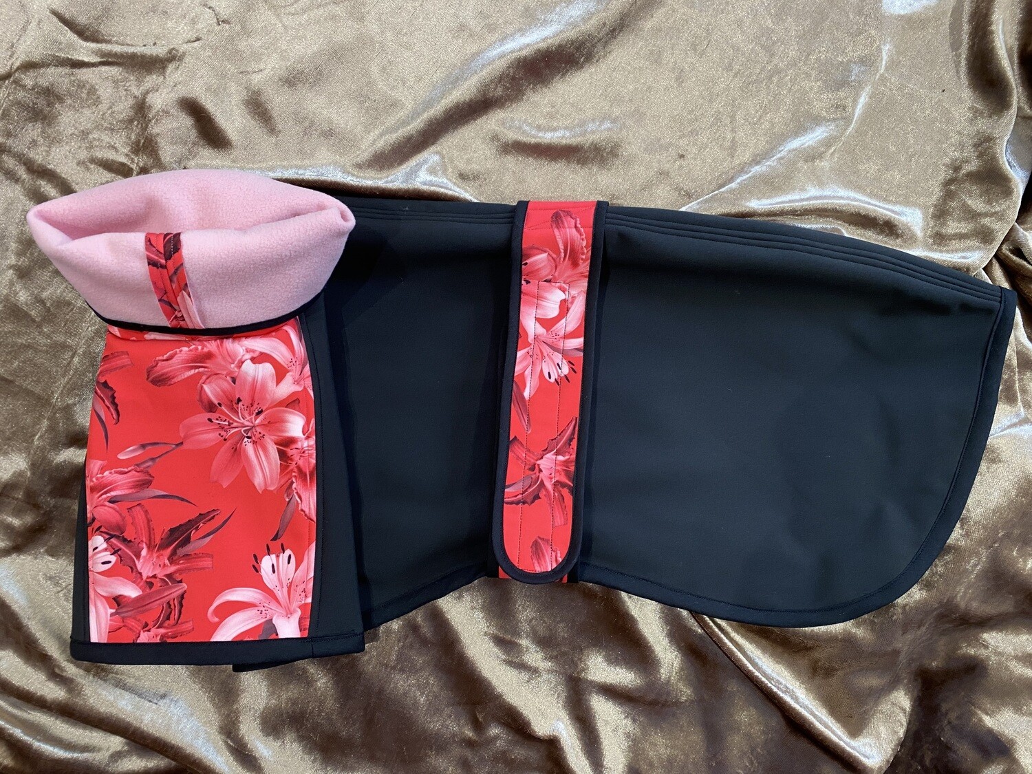 24" Fleece Lined Raincoat - Black with Reddy Pink Lilies Design - ONE OFF!!
