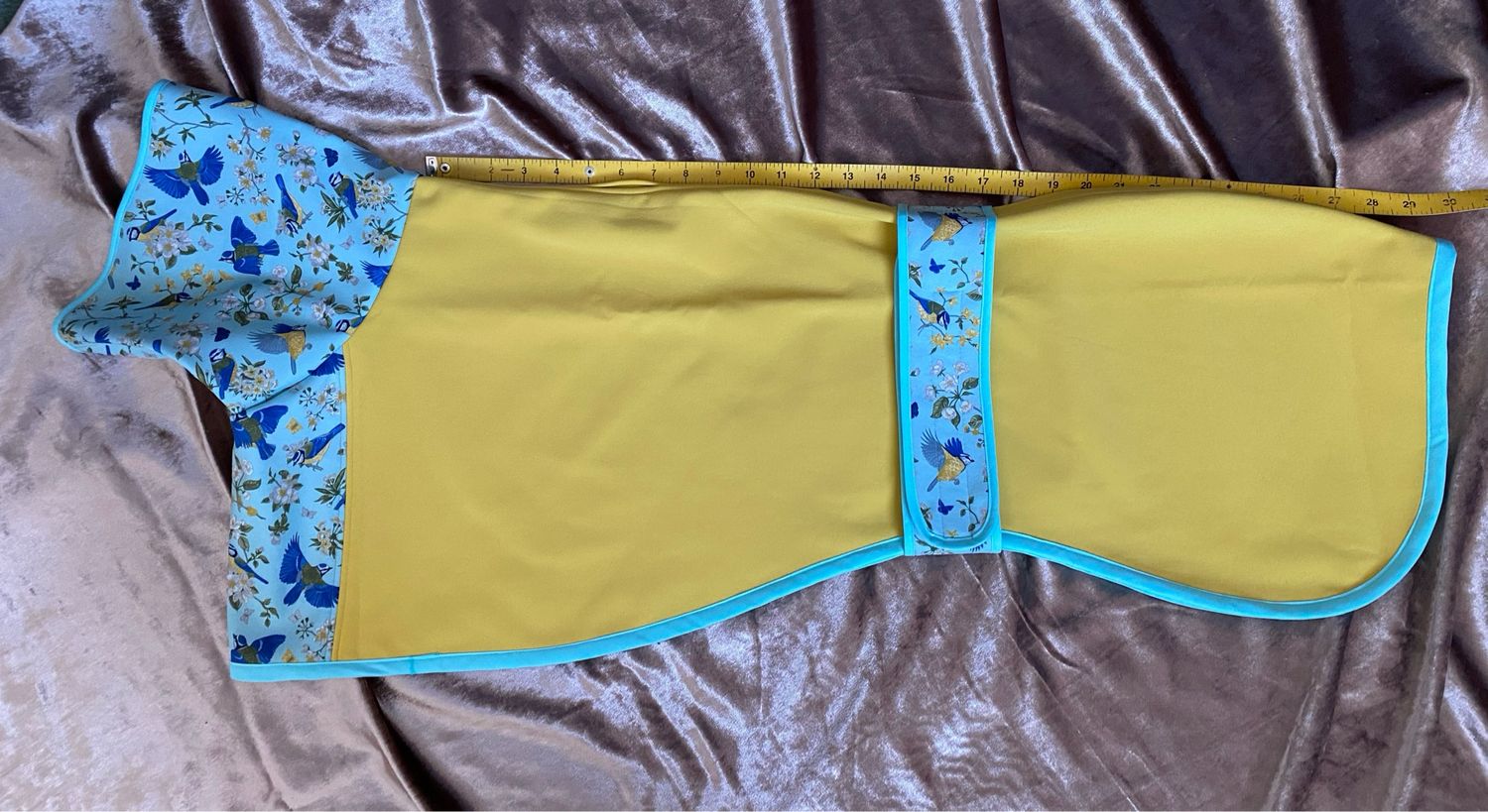 30&quot; Mustard And Garden Birds Softshell Raincoat with Harness Hole - AVAILABLE NOW!!
