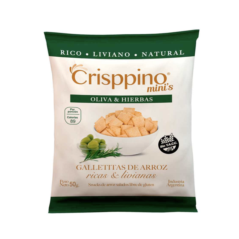 CRISPPINO SNACK ARROZ SABOR OLIVA Y HIERBAS SIN TACC X 50 GR