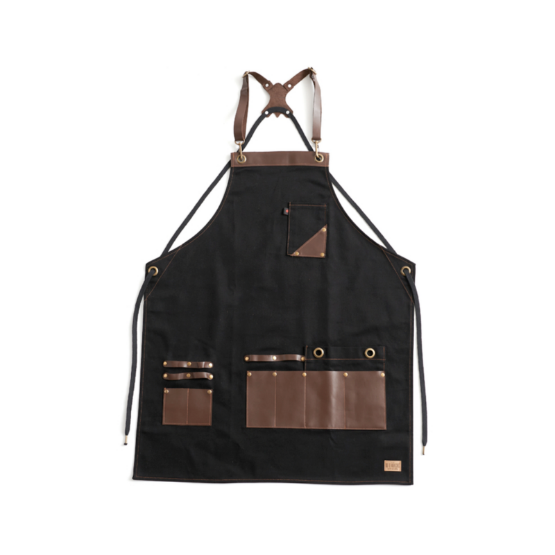 DELANTAL GABARDINA NEGRA Y CUERO
