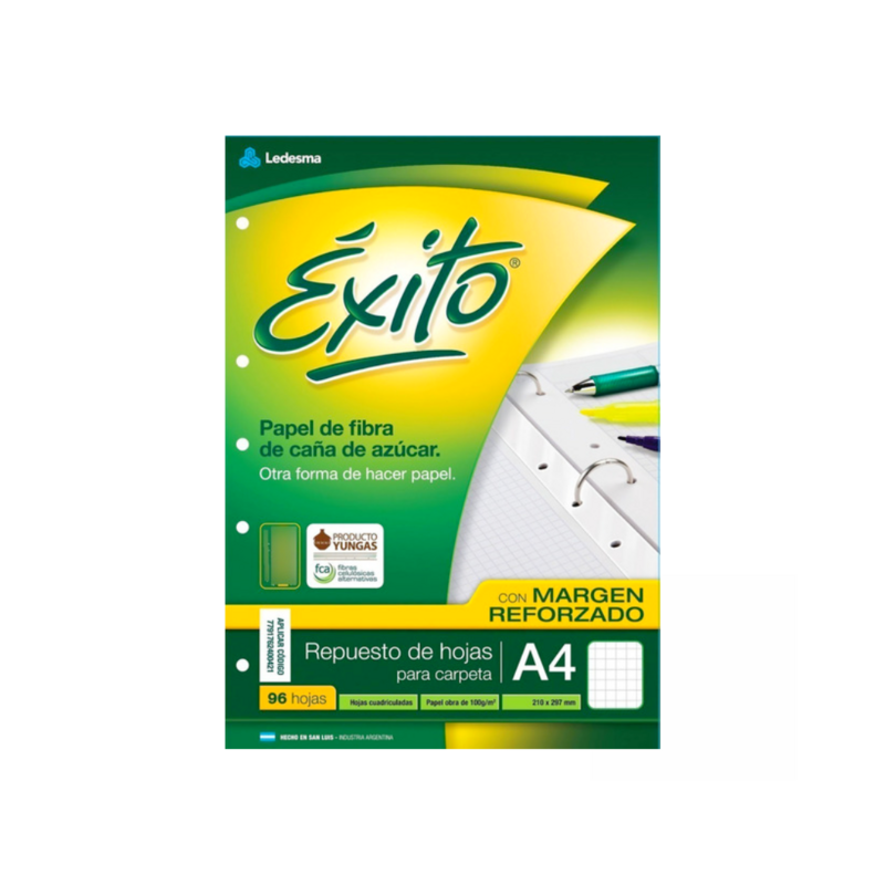 REPUESTO DE HOJAS ÉXITO MARGEN REFORZADO CUADRICULADO A4, PACK X 192 HOJAS