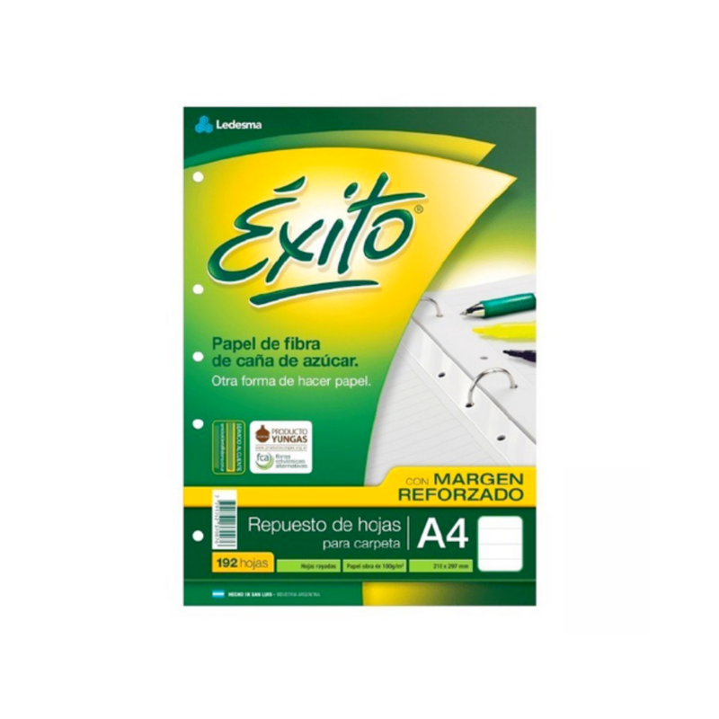 REPUESTO DE HOJAS ÉXITO MARGEN REFORZADO RAYADO A4, PACK X 192 HOJAS