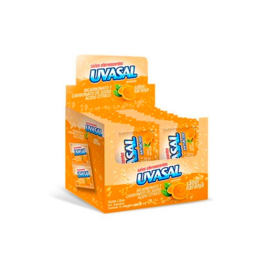 UVASAL ANTIÁCIDO SALES EFERVESCENTES SABOR NARANJA - BOX X 15 SOBRES DOBLES 5 GR.