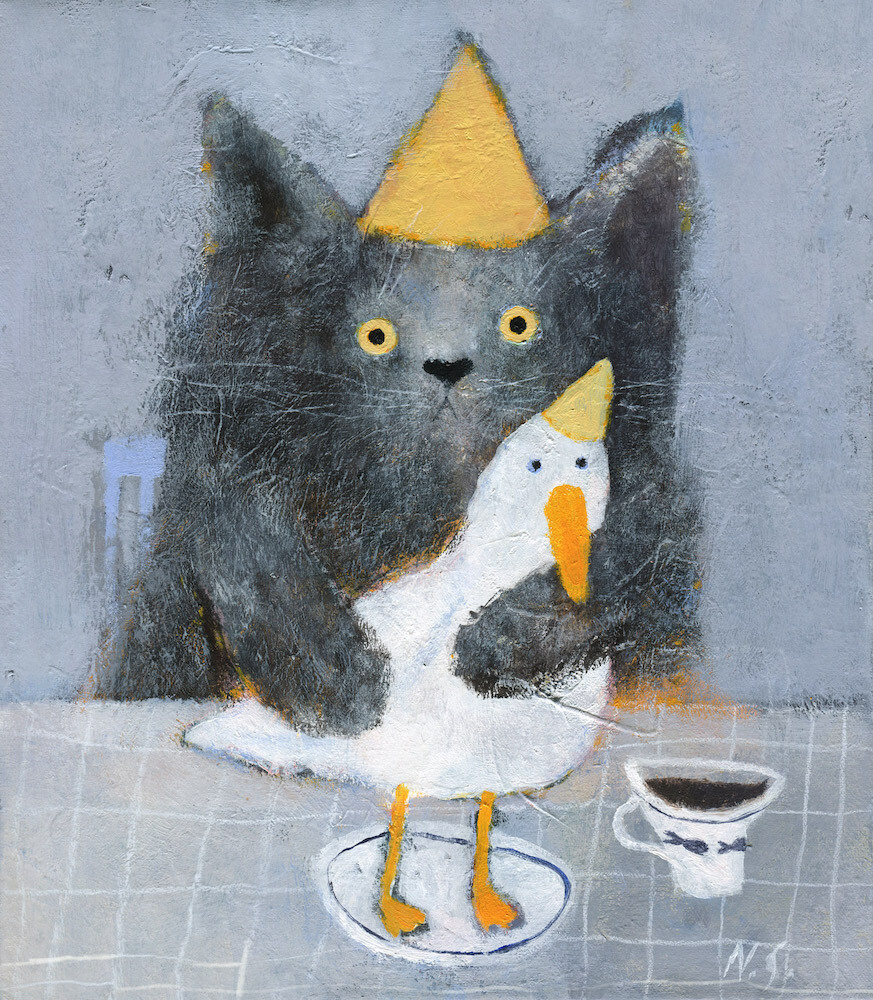 Cat with a Duck on a Plate
