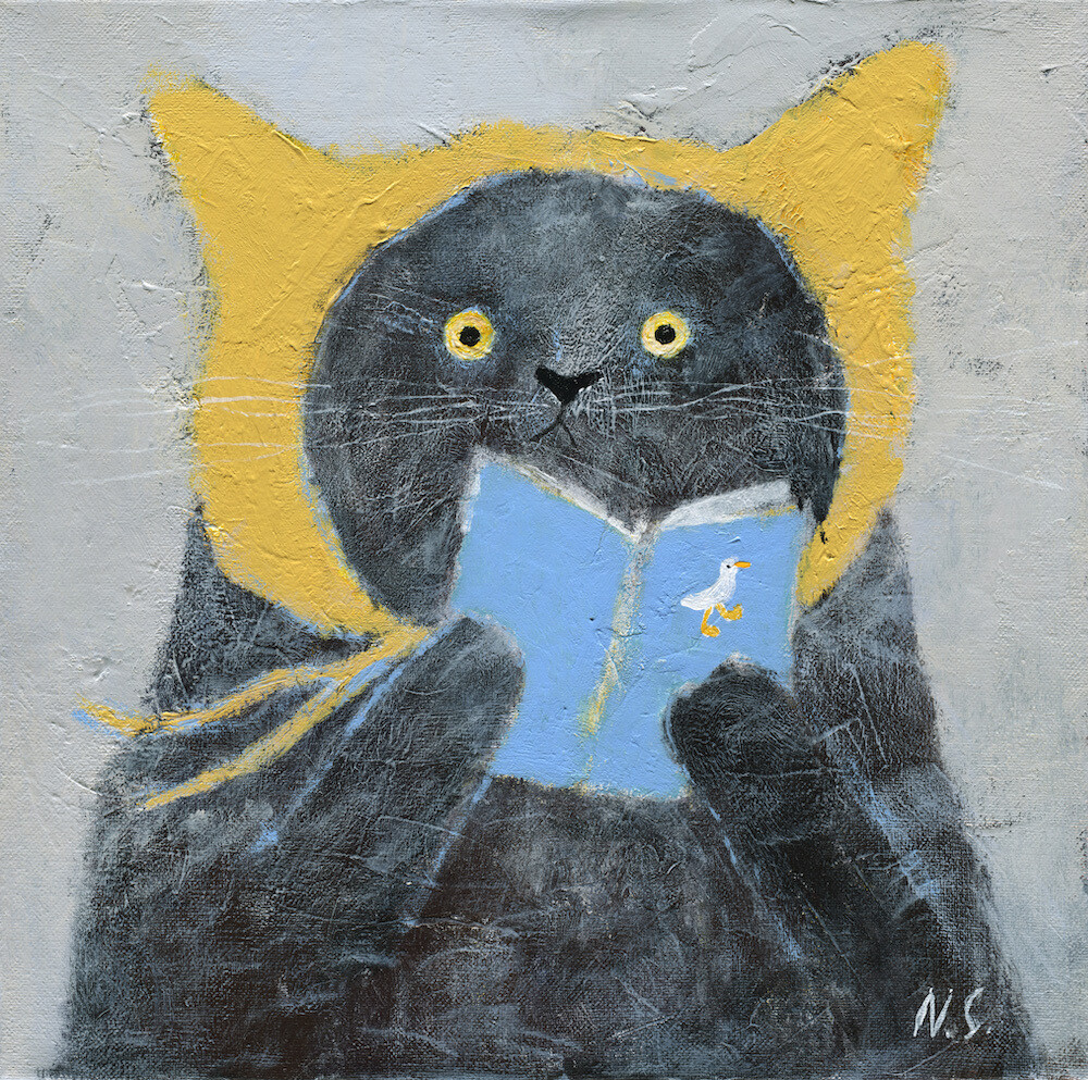 Cat with a Book in a Yellow Hat