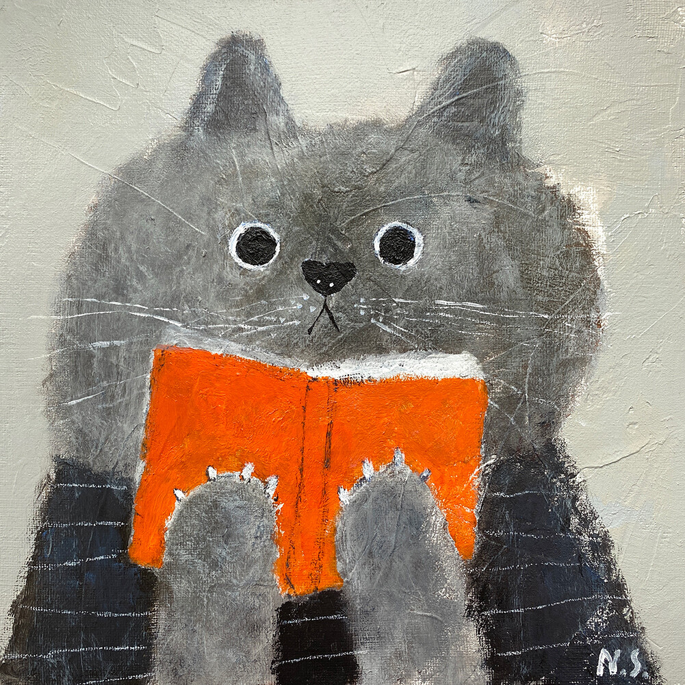 The Gray Cat Reading the Book – Original