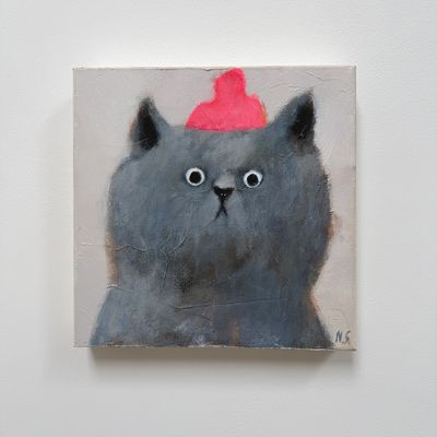 Grey Cat in Pink Hat – Original