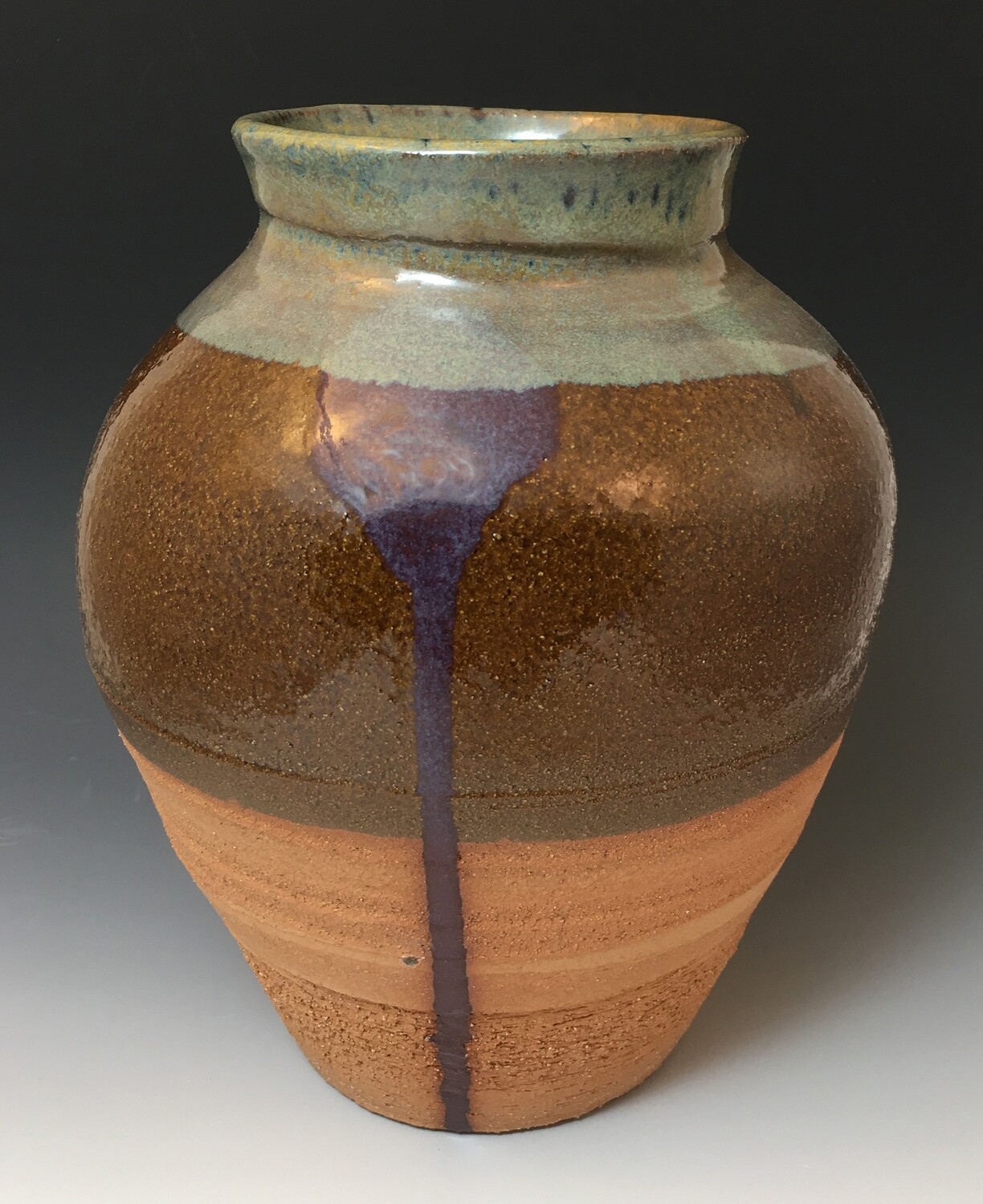 High Shouldered Vessel, Iron Red Clay Body in Sage and Amber with Merlot Accent