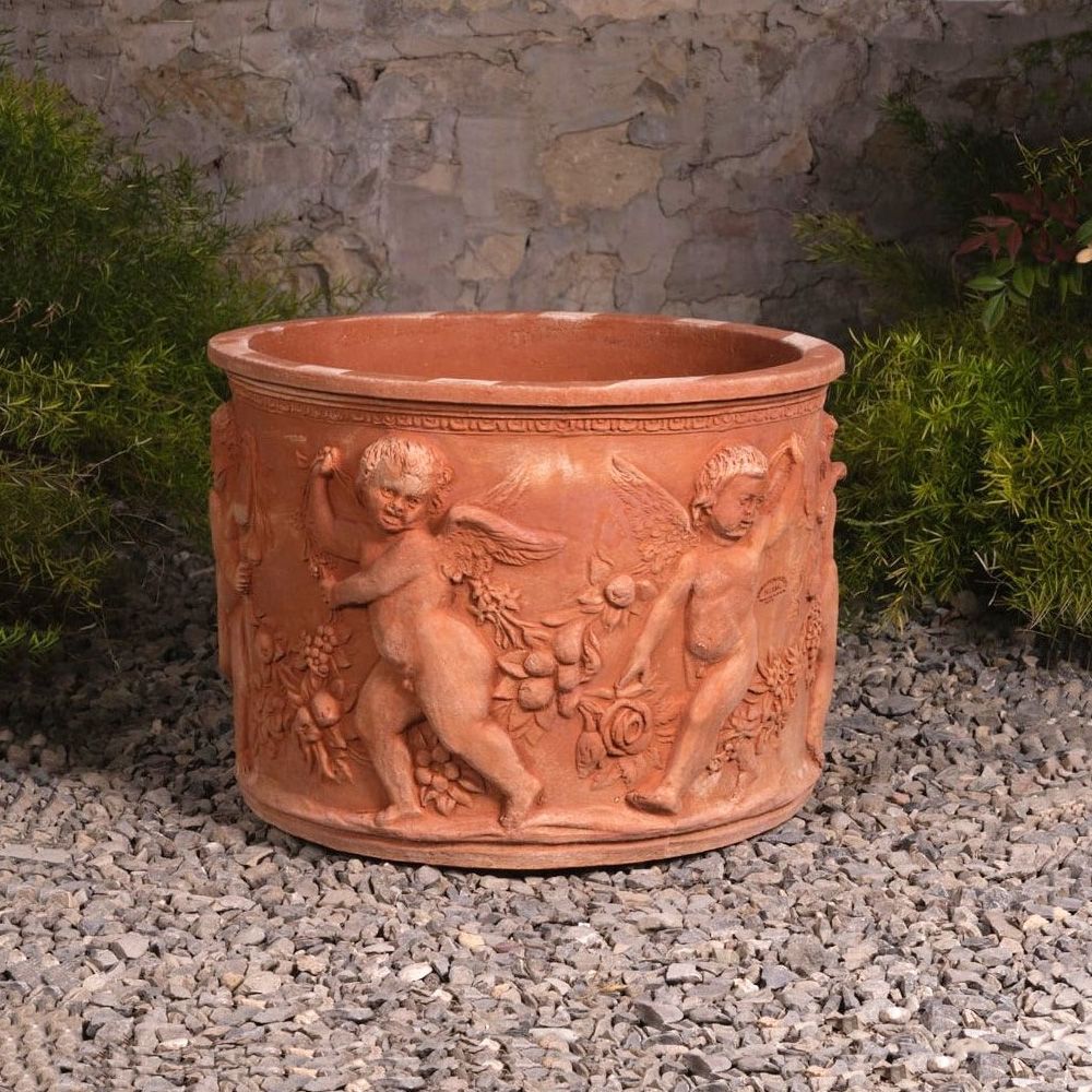 Terrakotta Pflanztopf Putti, Ø innen 36 | Ø außen/unten 44 | Ø Höhe 34 cm | Gewicht 18 Kg​