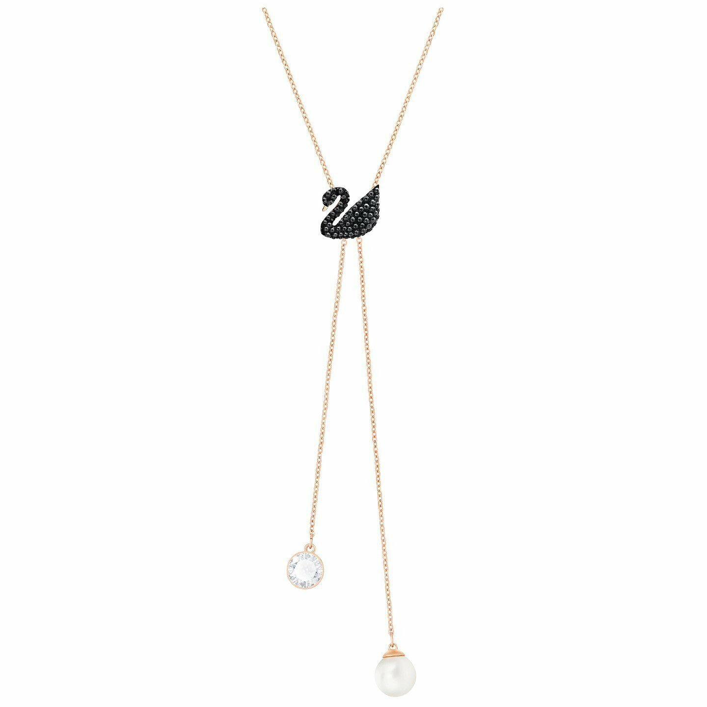 Collar  Swarovski  en Y Iconic Swan, negro, Baño en tono Oro Rosa