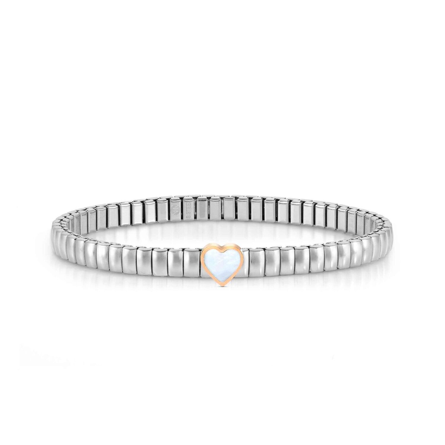 PULSERA NOMINATION  EXTENSIBLE DE ACERO INOXIDABLE, CORAZÓN DE NÁCAR