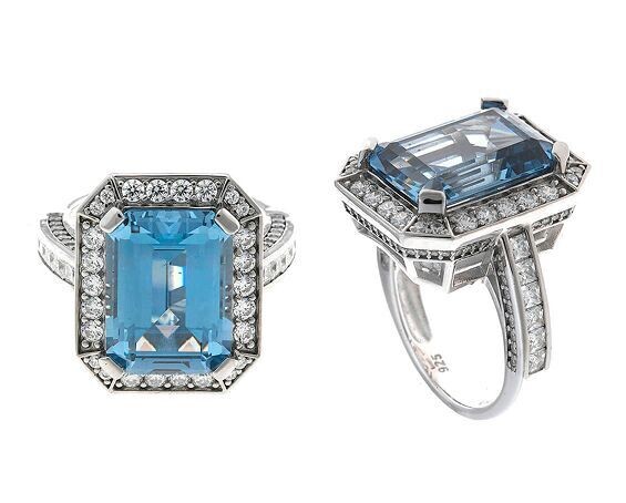 ​Anillo Salvatore de plata rodio rectangular nano azul  aqua