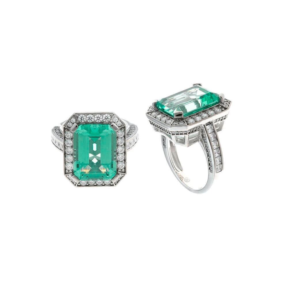 ​Anillo Salvatore  de plata rodio rectangular nano verde aqua