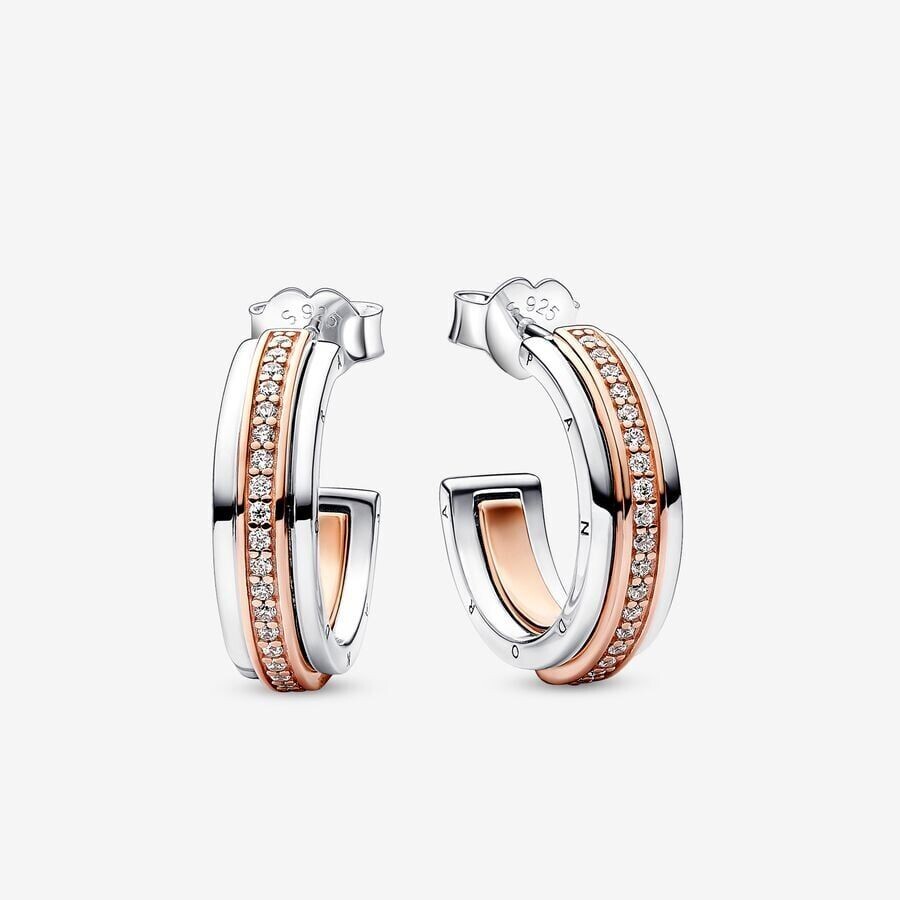 Pendientes Pandora de Aro Logo y Pavé en Dos Tonos