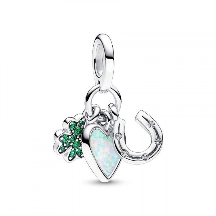 Charm Pandora  Colgante Triple Trébol de Cuatro Hojas, Corazón y Herradura