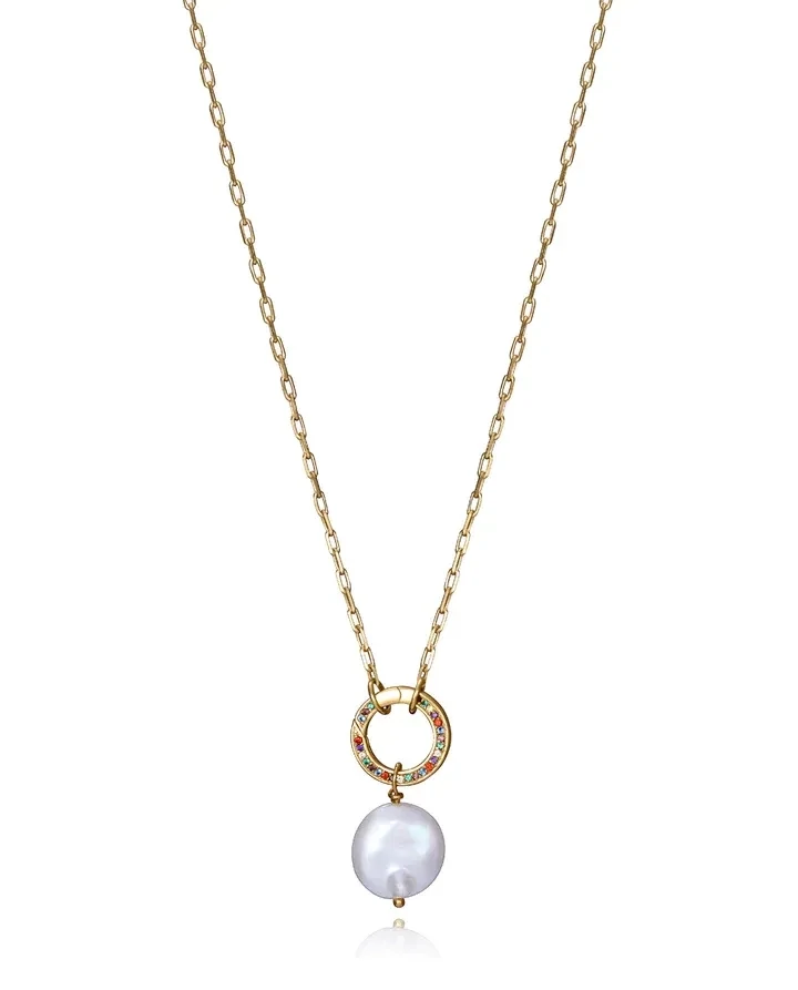 Collar viceroy  Elegant de plata de ley con baño de oro, aro con circonitas de colores, y colgante de perla cultivada
