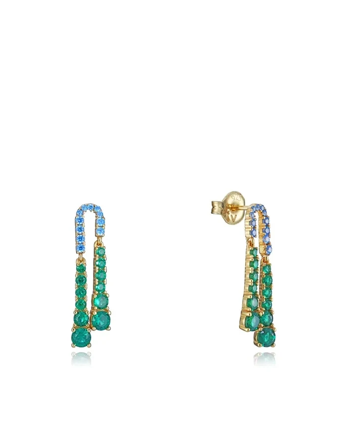Pendientes viceroy Elegant de plata de ley con baño de oro, doble tira de circonitas verdes y azules