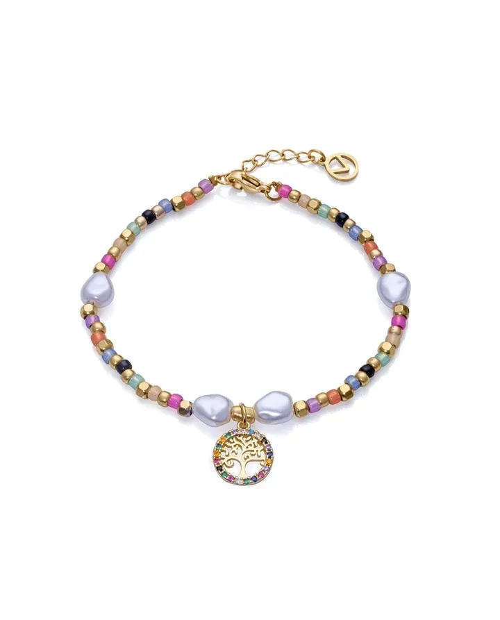 Pulsera Kiss de acero Ip dorado con cuentas de cristal y perlas sintéticas