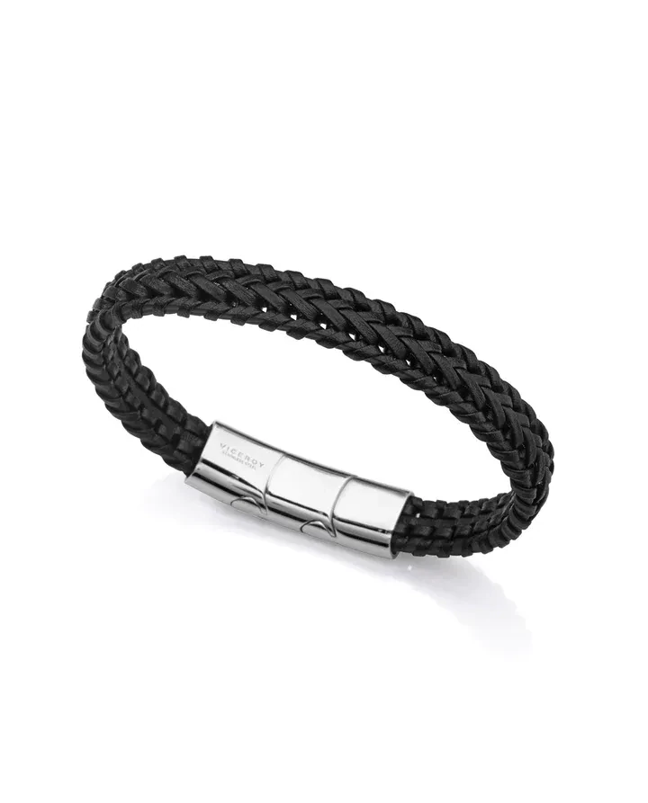 Pulsera VICEROY  Magnum de acero con piel negra trenzada , cierre y extensión