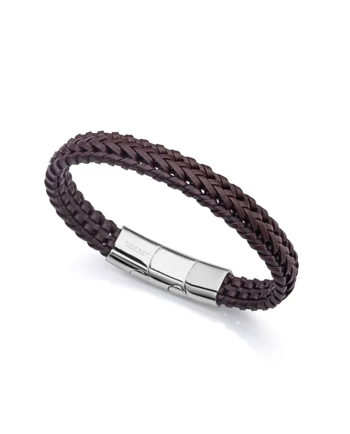 Pulsera VICEROY Magnum de acero con piel marrón trenzada , cierre y extensión