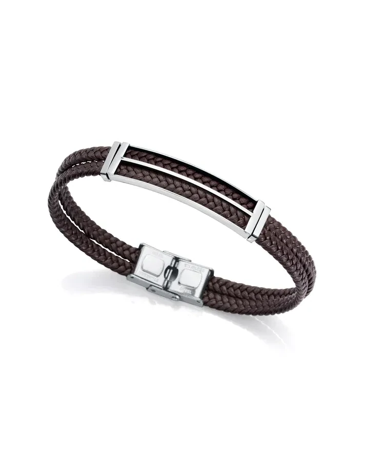 Pulsera viceroy  de hombre Magnum de acero con placa calada y piel marrón