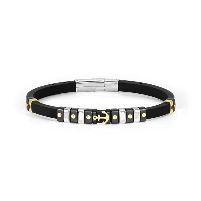 Pulsera Nomination City Hombre Caucho y Acero Negro, Plata y Oro Ancla