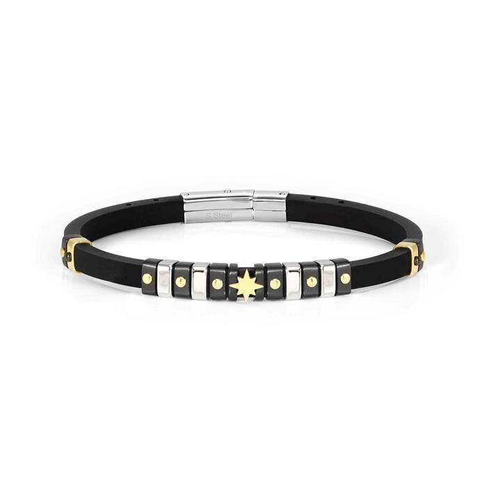 Pulsera Nomination City Hombre Caucho y Acero Negro, Plata y Oro Rosa de los Vientos