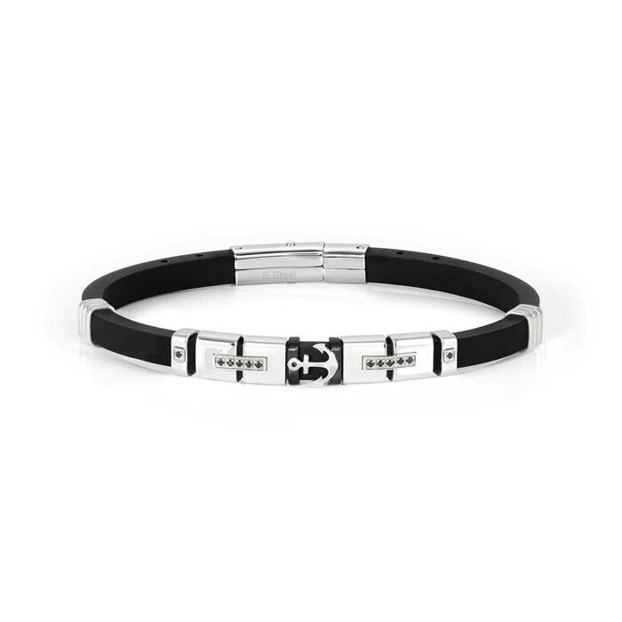 Pulsera Nomination City Hombre Caucho y Acero Plateado y Negro Ancla
