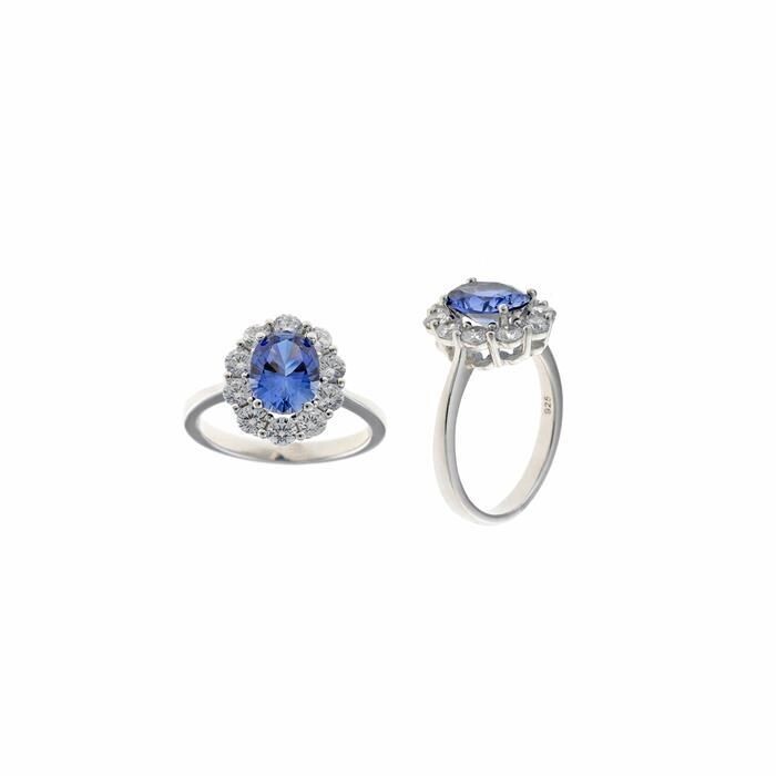Anillo Salvatore Plata Baño Rodio y Cristal Azul Zafiro