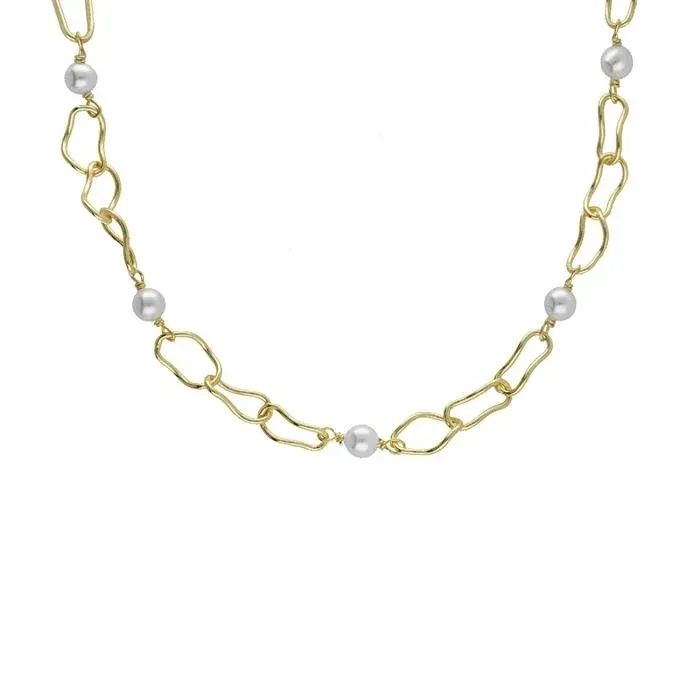 Collar corto perla y eslabones bañado en oro