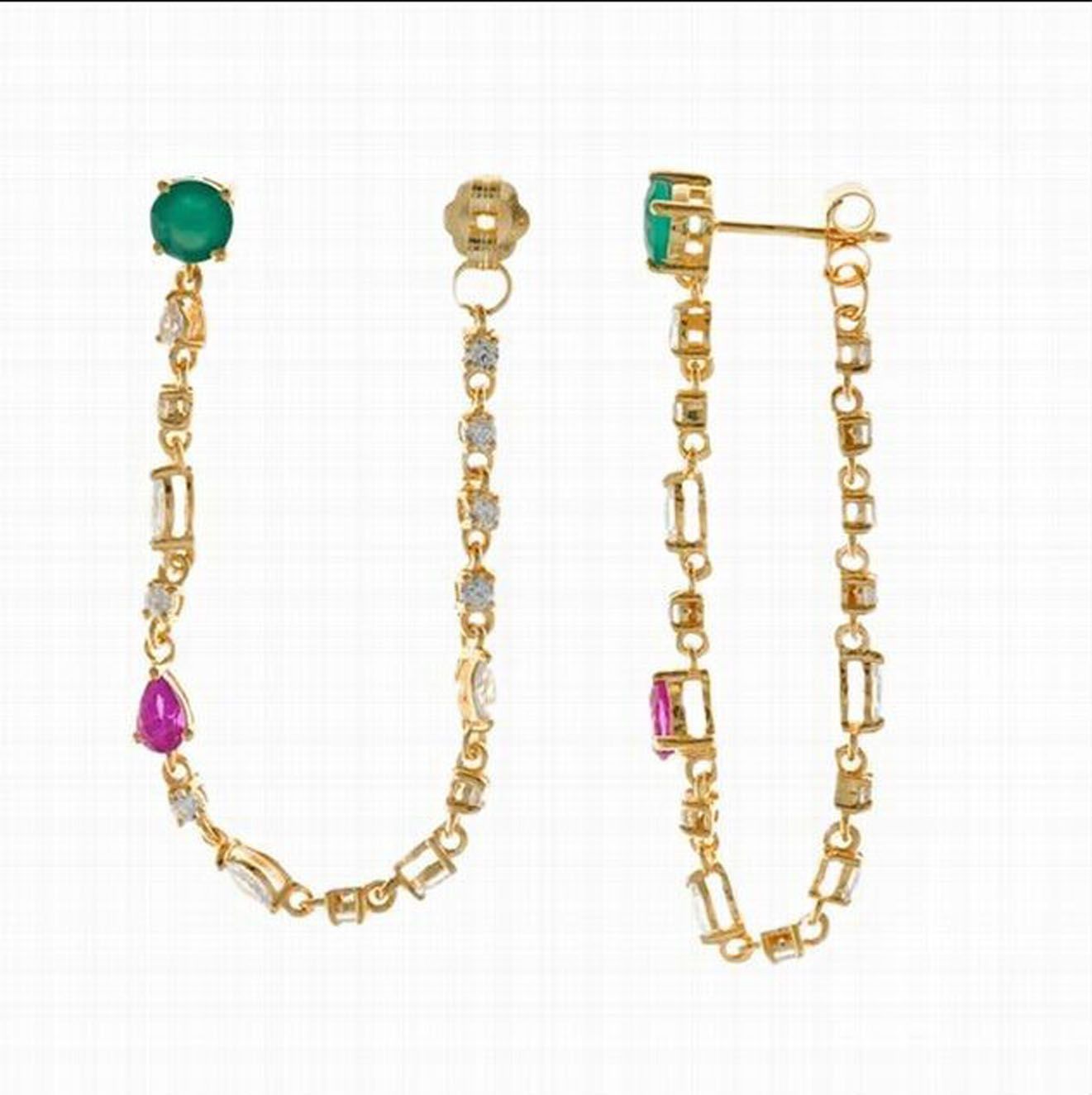 Pendientes Salvatore  Plata Chapada Oro. Tita de Ónix Verde, Pera de Rubí Rosa y Óvalos Blancos