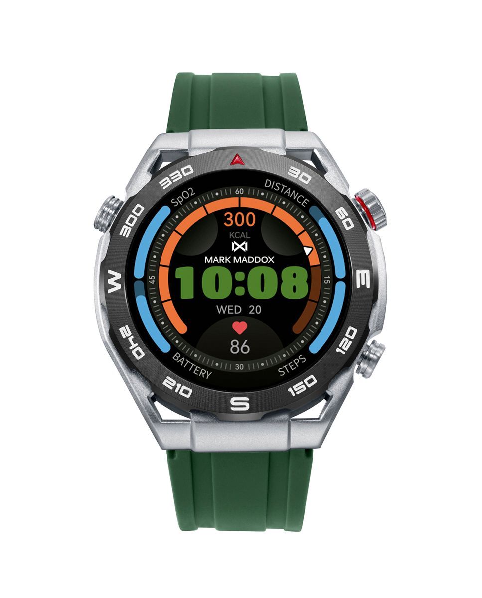 Reloj Smart de metal plateada con bisel gris con correa de silicona verde y en color negra