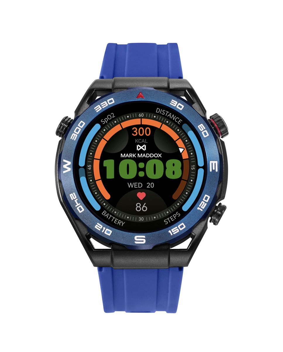 Reloj Smart de metal negra con bisel azul con correa de silicona azul y otra en color negra