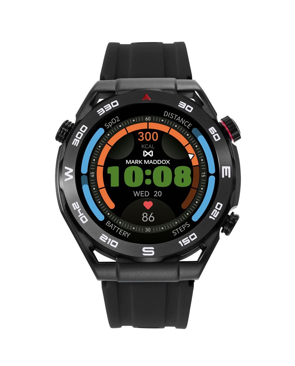 Reloj Smart de metal negra con bisel negro con correa de silicona negra y otra en color naranja