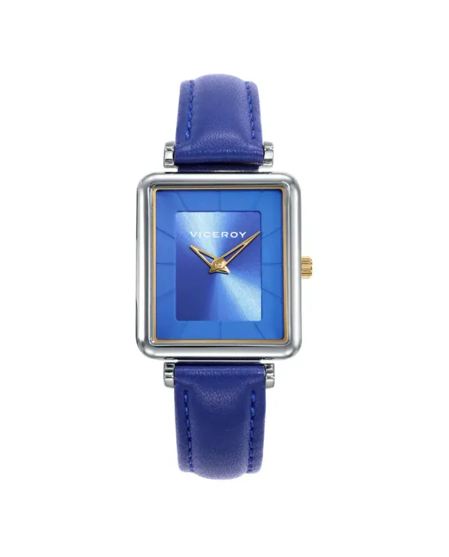 Reloj caja de acero con corona en Ip dorado y correa de piel azul con movimiento cuarzo